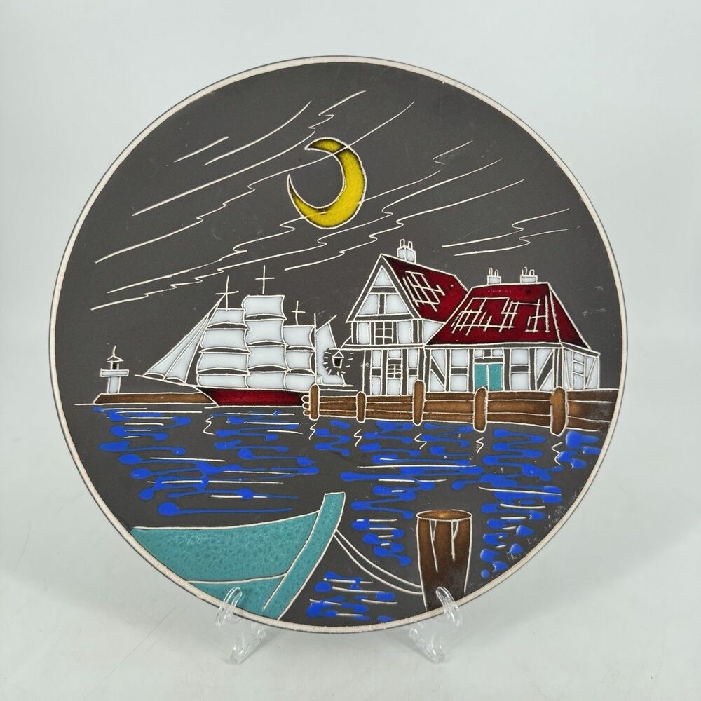 Vintage Arnold Wiig’s Enamel Painted Ceramic Plate 908 Pier Harbor Scene Norway